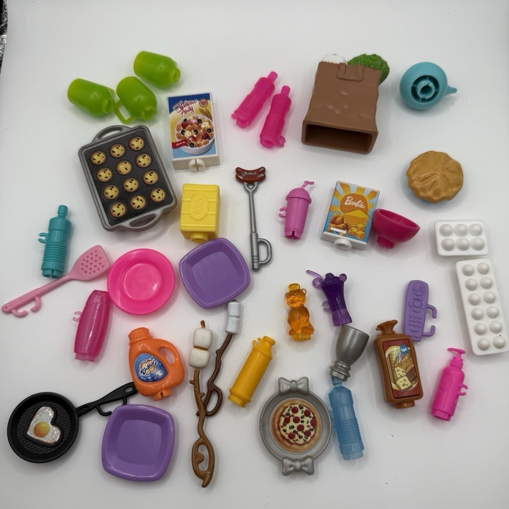 Barbie Doll Food Kitchen Accessory Lotโ Eggs Muffin Cups Bottles Pizza Plates +